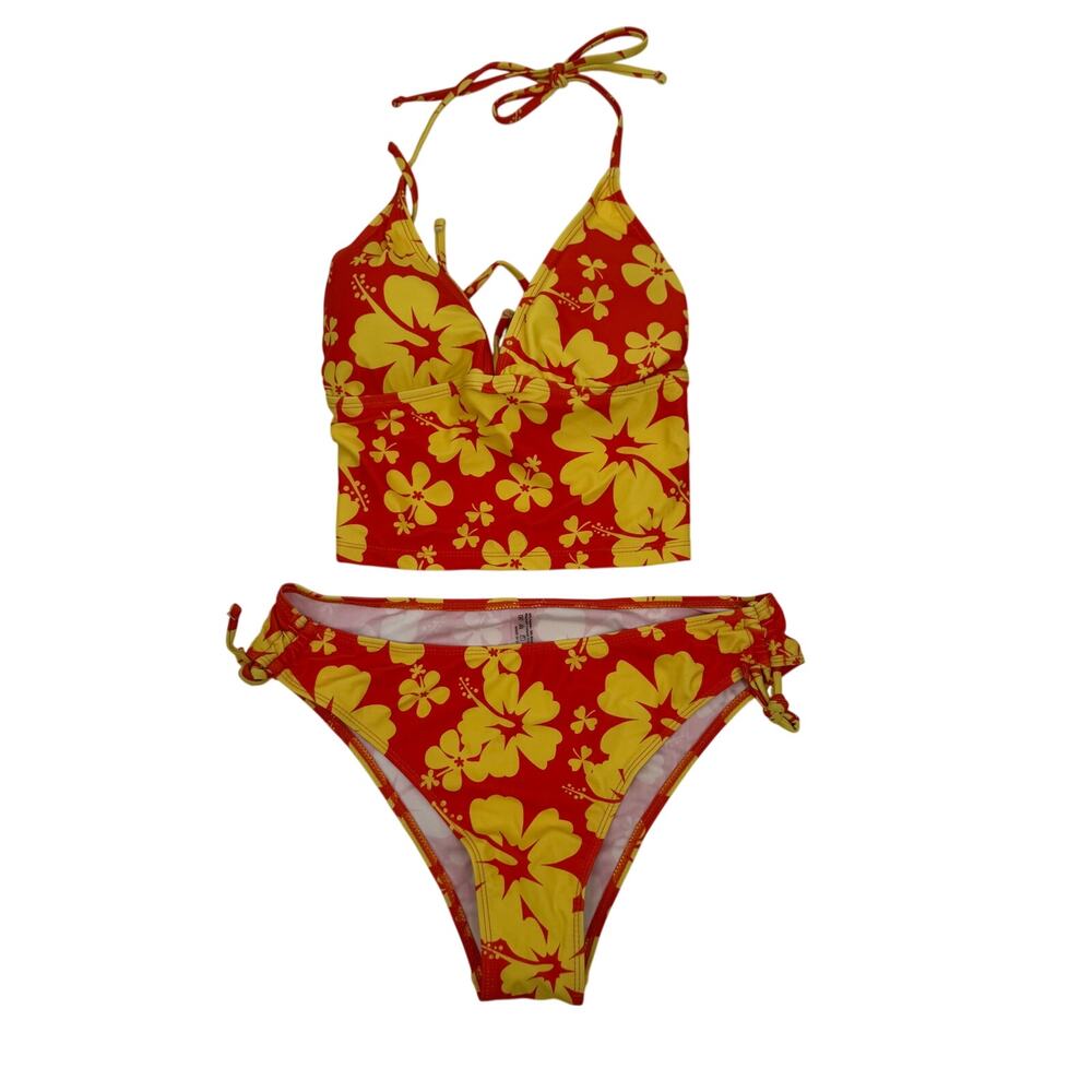 Floerns Womens Large Floral Yellow Orange Tummy Control 2 Piece Swimsuit Set